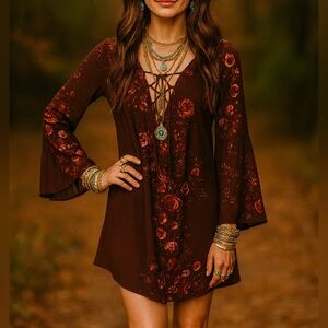 Hint Of Mint Maroon Floral Lace Whimsy Fairy Boho Shift Dress Bridgerton Medium